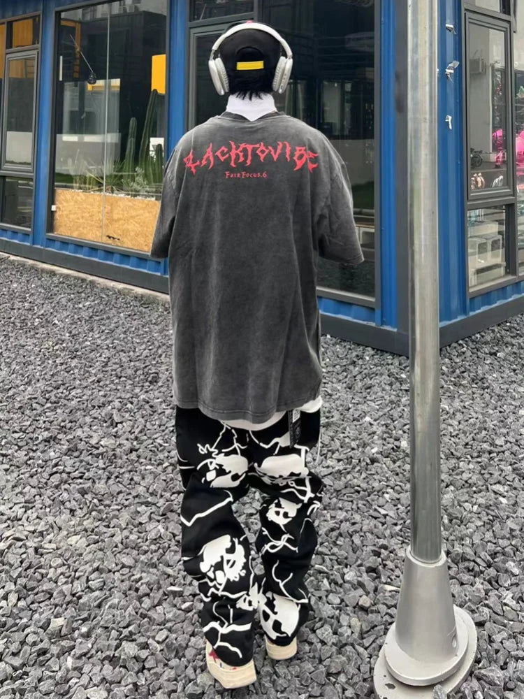 fashion lightning skull printed denim jeans mens unisex casual zipper straight jeans streetwear hip hop y2k jean pants joggers casual joggers