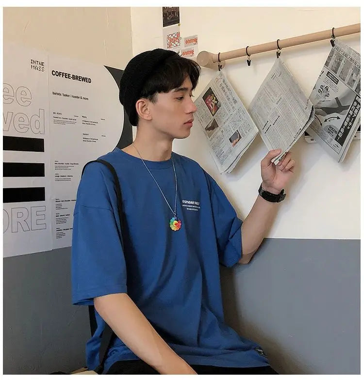 Pure cotton short-sleeved men's summer Hong Kong style design t-shirt ins trendy brand loose bottoming versatile round neck tops Street King Limited
