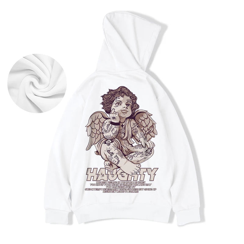Autumn Haughty Angel Graphic Fleece Hoodies For Men Oversized Retro Loose Hoody Sweatshirts American Streetwear Y2K Clothes Street King Limited