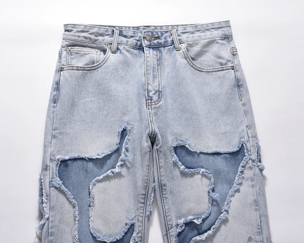 high street vibe style patchwork frayed jeans pants for men retro washed hole ripped casual loose denim trousers oversized 1 unique jeans style 1783
