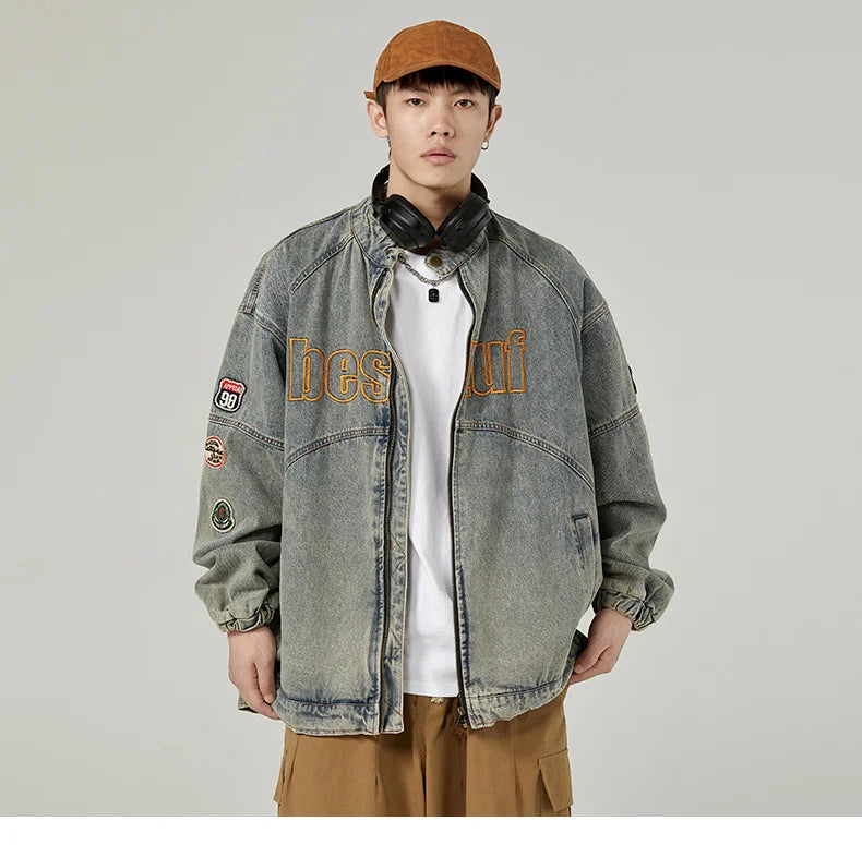 high street vintage washed denim jacket men american style embroidery label stand collar ruffian handsome motorcycle jeans coats unique jeans style 5384
