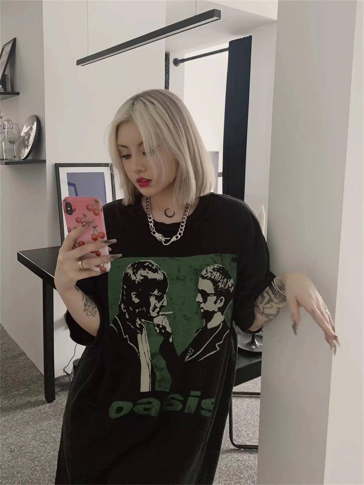 Vintage Rock Band Tee OS Washed Old High-Street Portrait Print Casual Loose Cotton Couple Tops T-Shirt For Summer Street King Limited