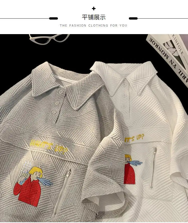 Korean waffle short-sleeved polo shirt with cartoon pattern summer jacquard collar t-shirt for men ins Hong Kong style loose top Street King Limited