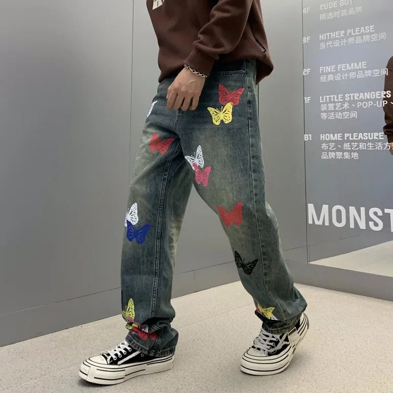 butterfly print jeans men streetwear fashion vibe loose casual hiphop straight washed denim pant jeans cityboy teen trousers ripped baggy denim