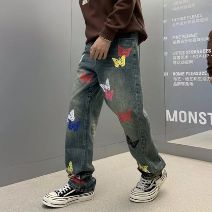 butterfly print jeans men streetwear fashion vibe loose casual hiphop straight washed denim pant jeans cityboy teen trousers ripped baggy denim