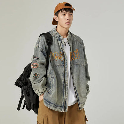 high street vintage washed denim jacket men american style embroidery label stand collar ruffian handsome motorcycle jeans coats urban skinny jeans