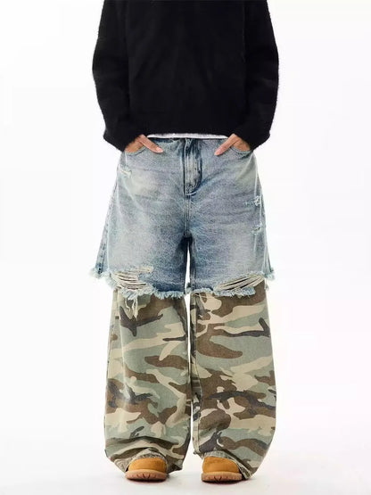 Camouflage Patchwork Jeans Mens Fake Two Items Street Punk Unisex Denim Pants Multiple Pockets Blue Size S-3XL Cowboy Trousers Street King Limited
