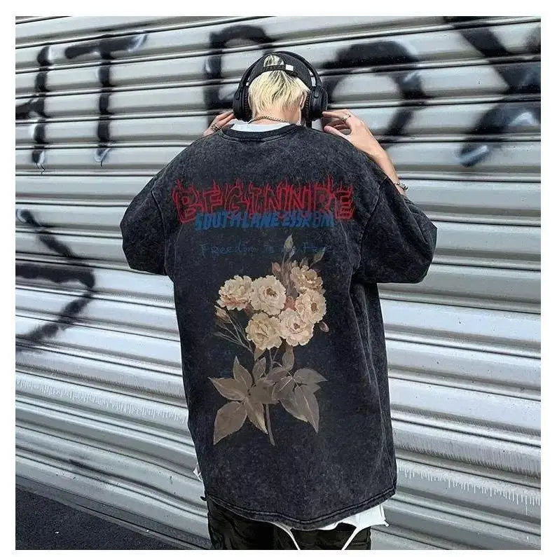 Short-sleeved T-shirt men's summer new style washed and distressed American retro handsome thin loose heavy cotton T-shirt tops Street King Limited