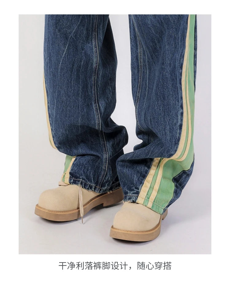 men streetwear fashion side splice hip hop loose casual wide leg straight baggy jeans pant cityboy jeans pants trousers unique jeans style 2493