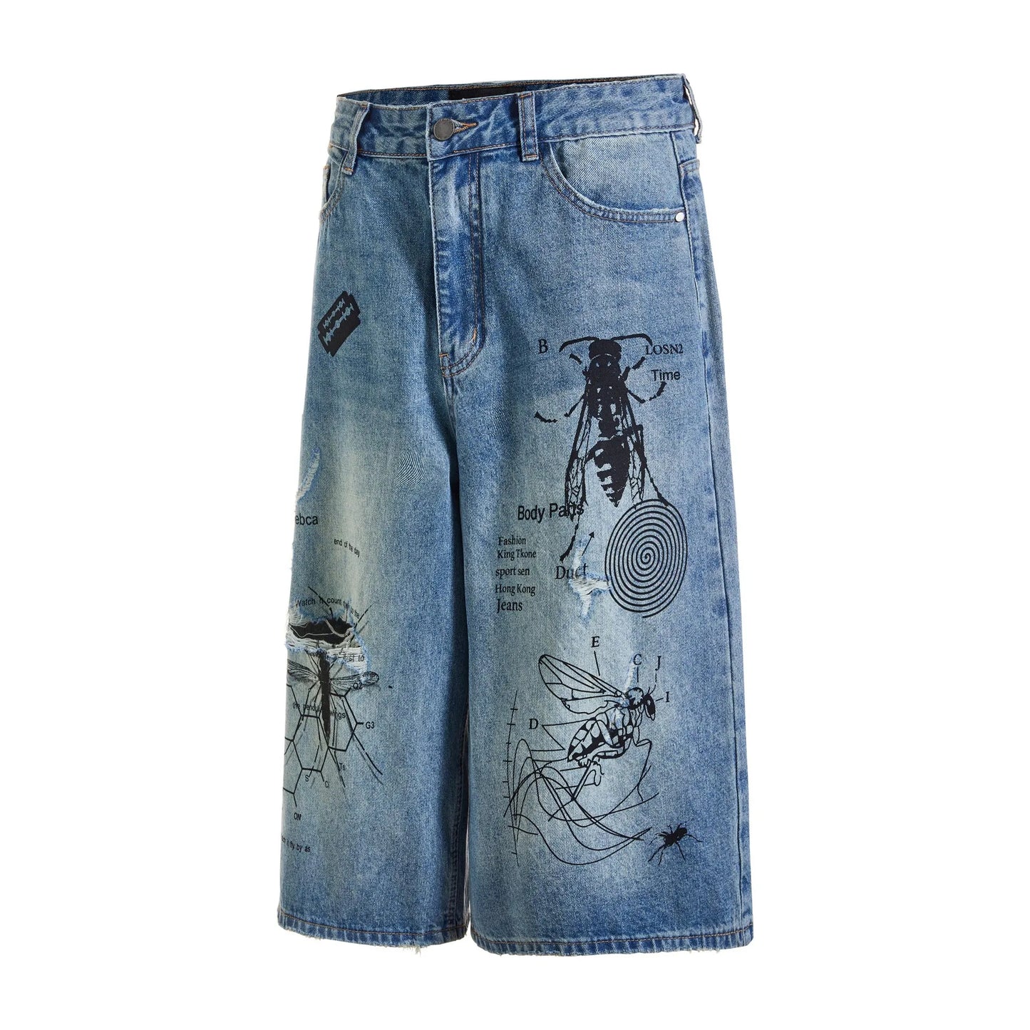 Men's Ripped Denim Shorts 2024 Summer Fashion Graffiti Insect Patterned Jeans Shorts Harajuku Streetwear Short Pants Y2K Street King Limited