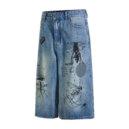 Men's Ripped Denim Shorts 2024 Summer Fashion Graffiti Insect Patterned Jeans Shorts Harajuku Streetwear Short Pants Y2K Street King Limited