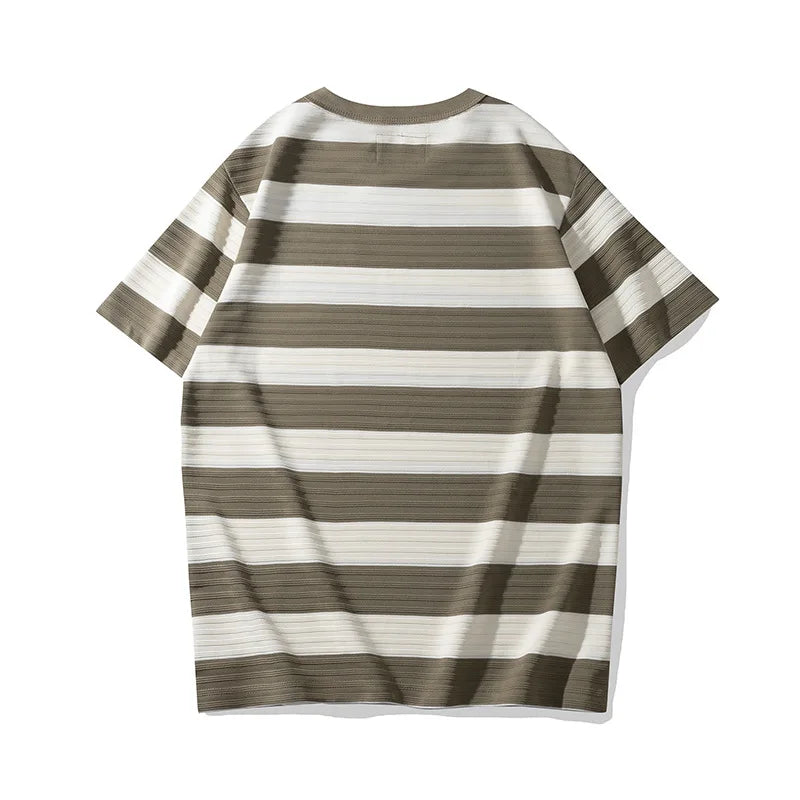 Men's Dark Wide Striped Short Sleeve Tees, Casual Tops, Round Neck, Thick, 100% Cotton, New, Summer Street King Limited