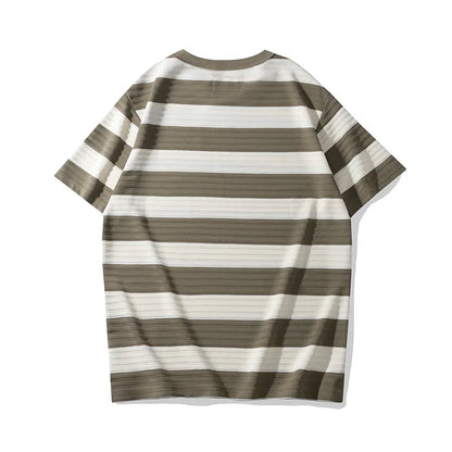 Men's Dark Wide Striped Short Sleeve Tees, Casual Tops, Round Neck, Thick, 100% Cotton, New, Summer Street King Limited