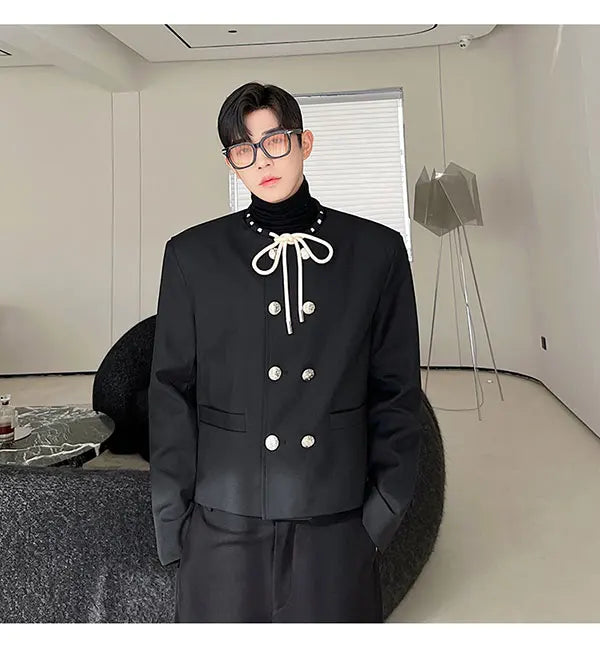 men double breasted drawstring collar loose casual fashion short jacket male korean streetwear vintage coat man unique shorts style 369