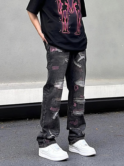 harajuku irregular scratched ripped holes denim jeans men zipper jeans hip hop streetwear new casual straight joggers jean pants streetwear sweatpants