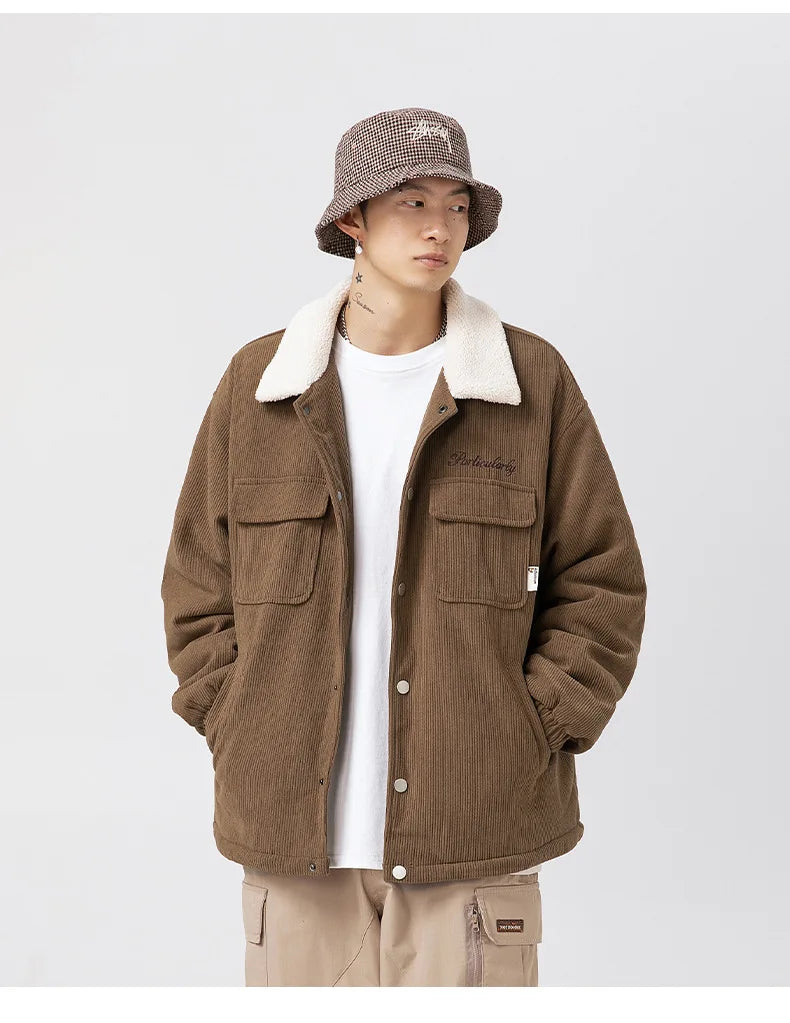 fashion men lamb fleece polo collar cotton padded coat winter embroidery loose thicken warm corduroy wadded jacket male outwear unique default style 6041