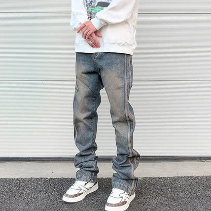 high street vibe washed striped flared jeans dark blue distressed jean casual side stripes slim micro flared jeans pants male ripped baggy denim