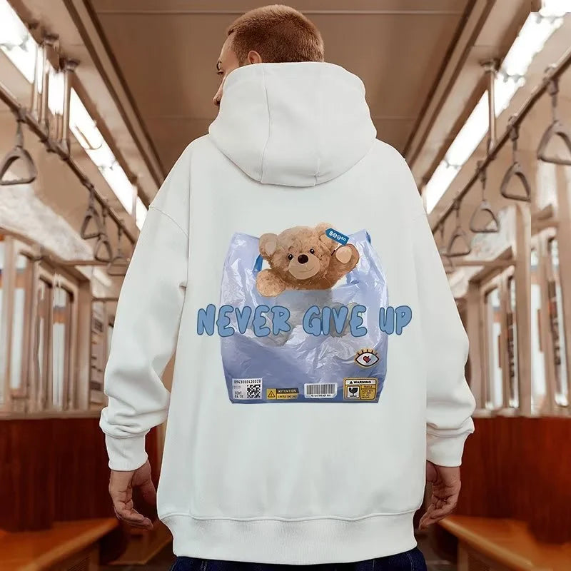 New Never Give Up Bear Printed Hoodies For Men Hip Hop Streetwear Pocket Pullover Sweatshirts Autumn Y2K Vintage Fleece Hoodie Street King Limited