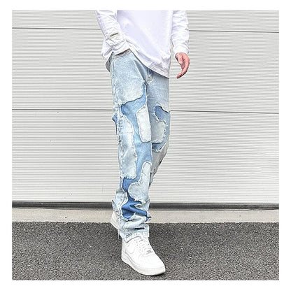 ripped irregular patchwork design denim jeans men casual zipper biker trousers jeans fashion streetwear hip hop pants joggers unique joggers style 2622