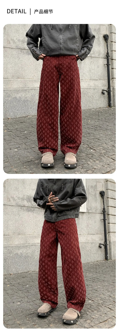 men brand fashion wash jacquard denim splice pocket loose casual wide leg baggy jeans cityboy cargo jeans pants trousers combat utility trousers