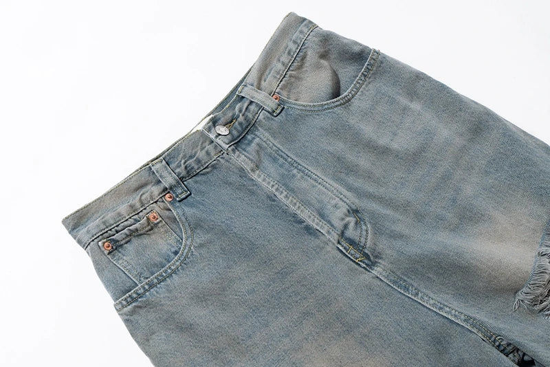 street wear retro hip hop distressed straight leg jeans vintage y2k tassel biker ripped denim pants mens washed destroyed jean unique jeans style 4397
