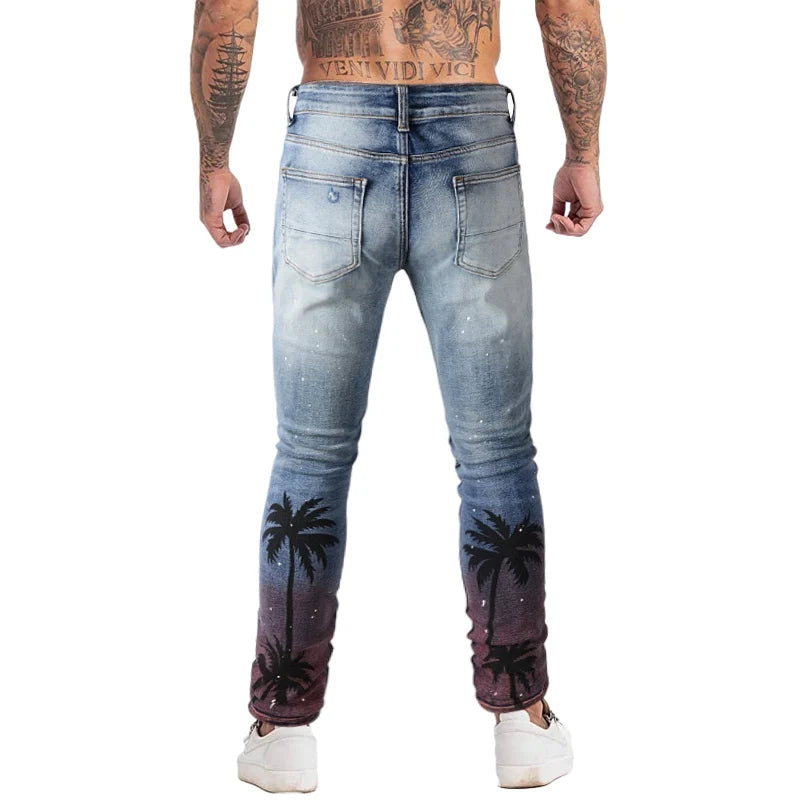 high street printed ripped holes denim jeans mens casual slim fit biker zipper trousers streetwear hip hop jean pants joggers unique joggers style 2448