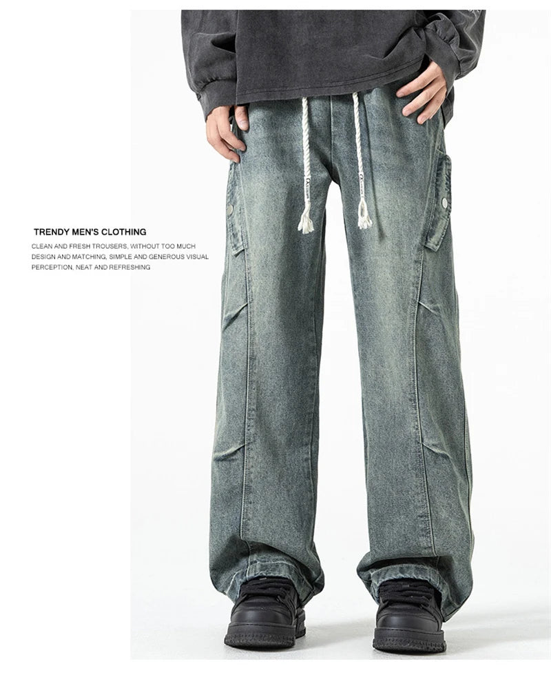 2025 new hip hop multi pockets straight jeans for men high street cargo denim pants spring y2k vintage distressed baggy jean unique cargo style 3355