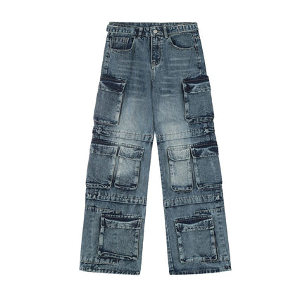 vintage multi pocket jeans mens harajuku cargo denim pants retro hip hop straight loose jean pants men clothing unique cargo style 585