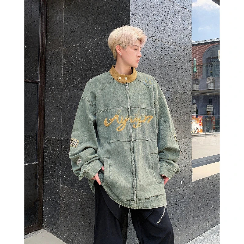 motorcycle hip hop mens cowboy jackets autumn 2024 embroidered washed trend denim coats stand collar color blocking outwear ripped baggy denim