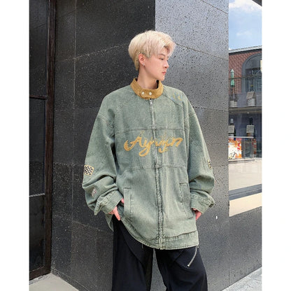 motorcycle hip hop mens cowboy jackets autumn 2024 embroidered washed trend denim coats stand collar color blocking outwear ripped baggy denim