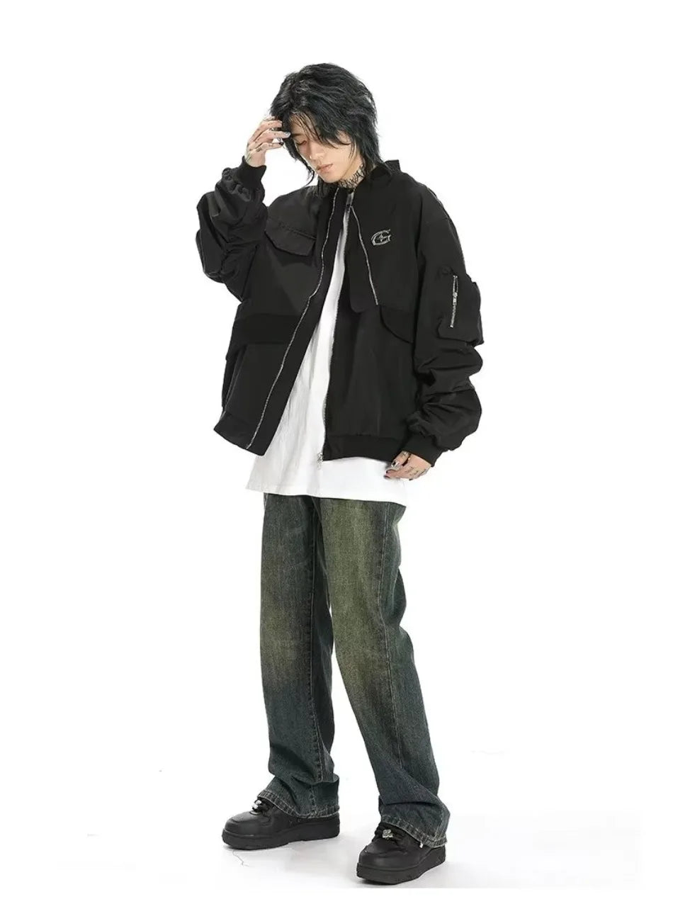 american street pilot jacket mens spring irregular trend loose tooling male coats zipper multiple pockets couple baseball jersey unique default style 3307