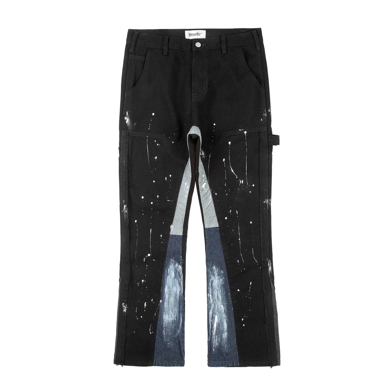 y2k spliced speckled ink patchwork baggy micro flare jeans pants for men streetwear pantalones hombre casual oversized cargos unique cargo style 3458