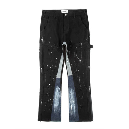 y2k spliced speckled ink patchwork baggy micro flare jeans pants for men streetwear pantalones hombre casual oversized cargos unique cargo style 3458
