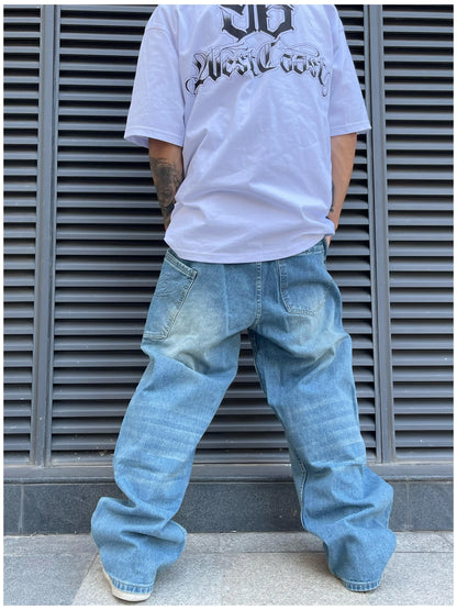 fashion loose streetwear denim jeans pants unisex casual side pocket wide legs jean trousers hip hop joggers mens baggy jeans unique joggers style 757