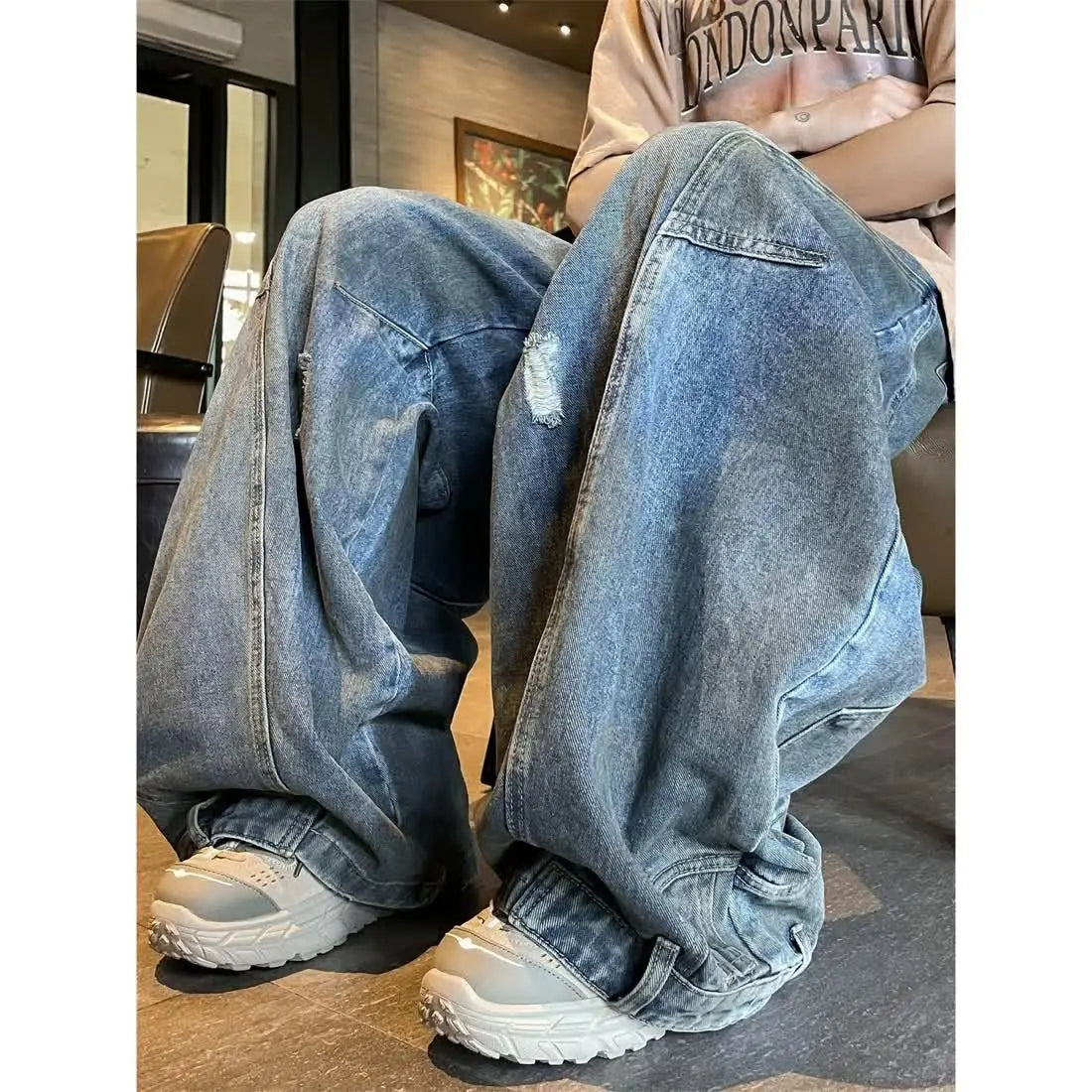 american style dirty and torn hole design straight leg wide leg jeans for men and women high street loose street casual pants ripped baggy denim