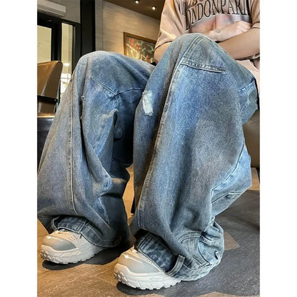 american style dirty and torn hole design straight leg wide leg jeans for men and women high street loose street casual pants ripped baggy denim
