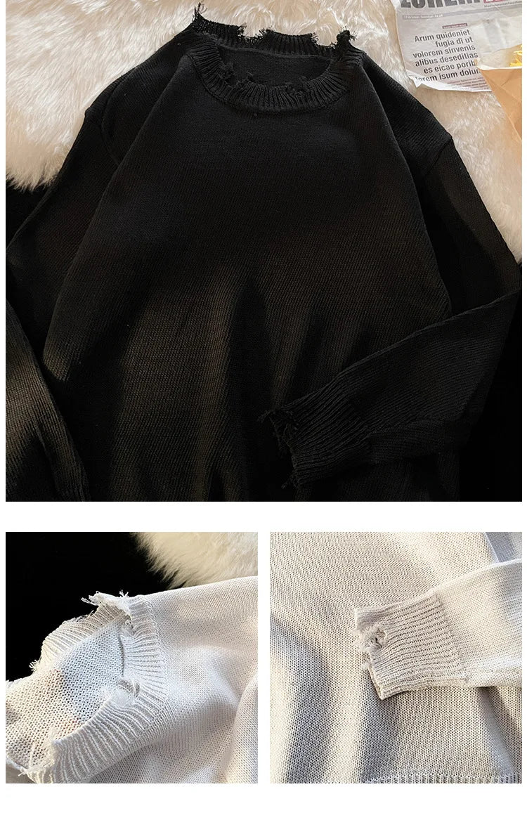 Men White Pullover Sweaters Ripped Harajuku Chic Couple O-neck Knitwear Casual Minimalist Long Sleeve Jumpers Homme Handsome Top Street King Limited