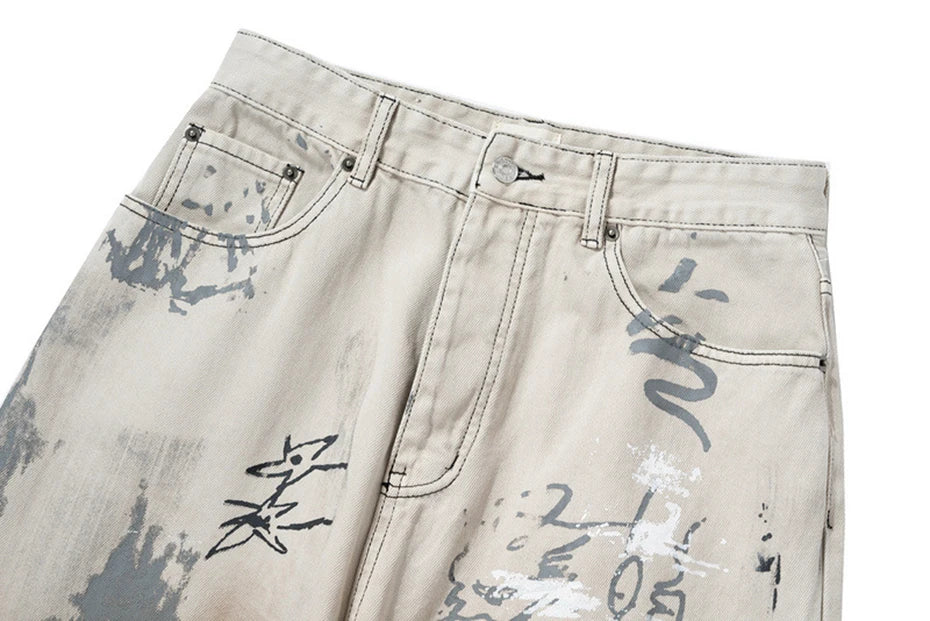 men hip hop baggy jeans graffiti printed loose straight denim pants dirty washed streetwear fashion jeans trousers white unique jeans style 686