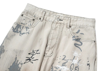 men hip hop baggy jeans graffiti printed loose straight denim pants dirty washed streetwear fashion jeans trousers white unique jeans style 686