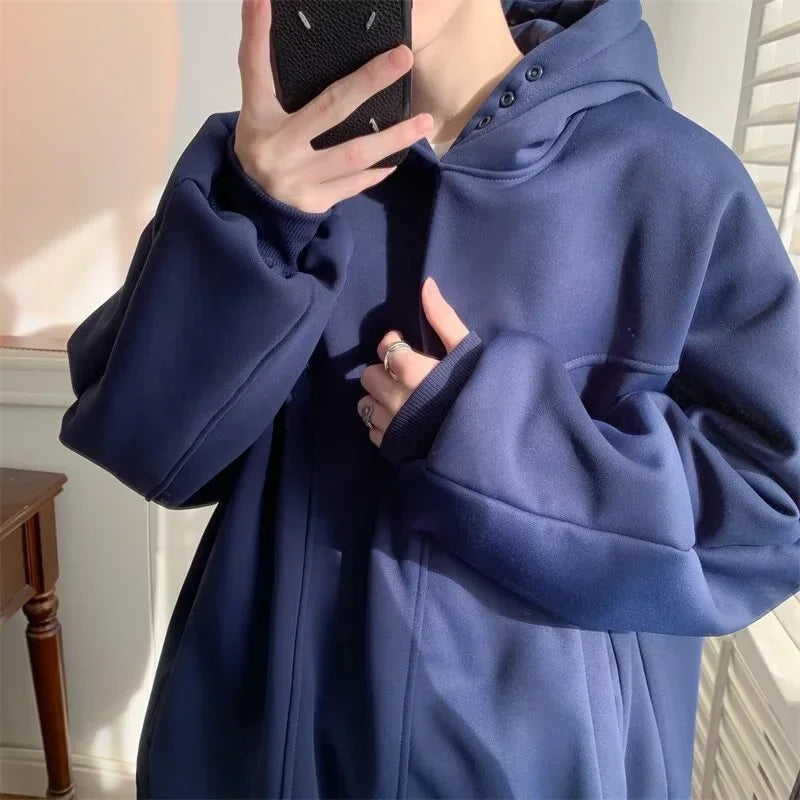Streetwear Autumn Fleece Button Up Neck Hip Hop Sweatshirts For Men Solid Color O Autumn Fleece Button Up Neck Hip Hop Sweatshirts For Men Solid Color Oversized Y2K Hoodies High Street Fashion Hooded Tracksuit Fashion Sweater Jacket With Graphic Design For Men