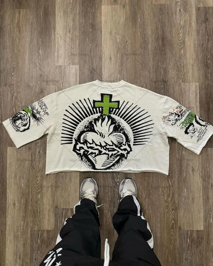 Gothic Punk Style Graphic T-shirt Harajuku Retro High Street Cross Print Top Men Hip-hop Cotton Casual Loose Trend Streetwear Street King Limited
