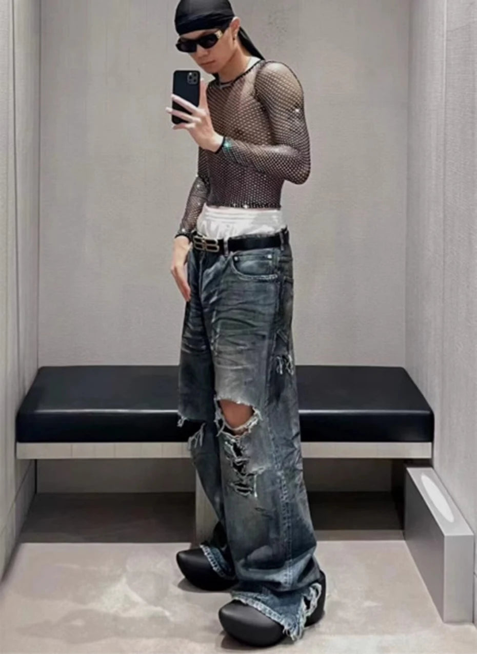 mens baggy jeans blue distressed ripped loose denim pants streetwear oversized hip hop jeans trousers unique jeans style 726
