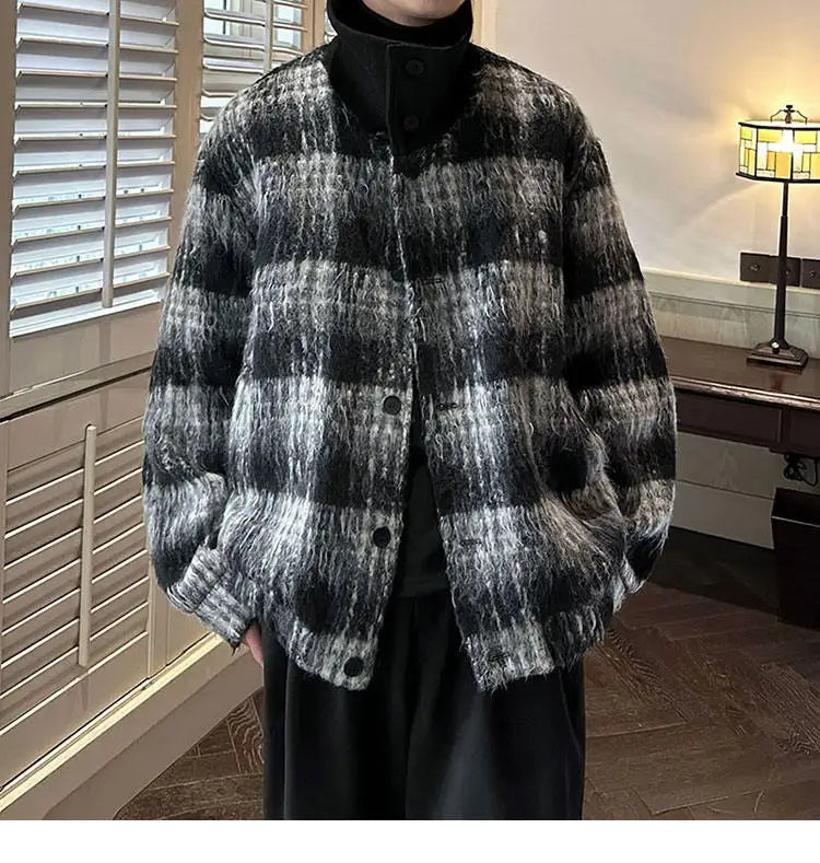 men turtleneck trendy brand fashion stripe christmas woolen bomber jacket women oversize plaid top coat outerwear unique default style 1159