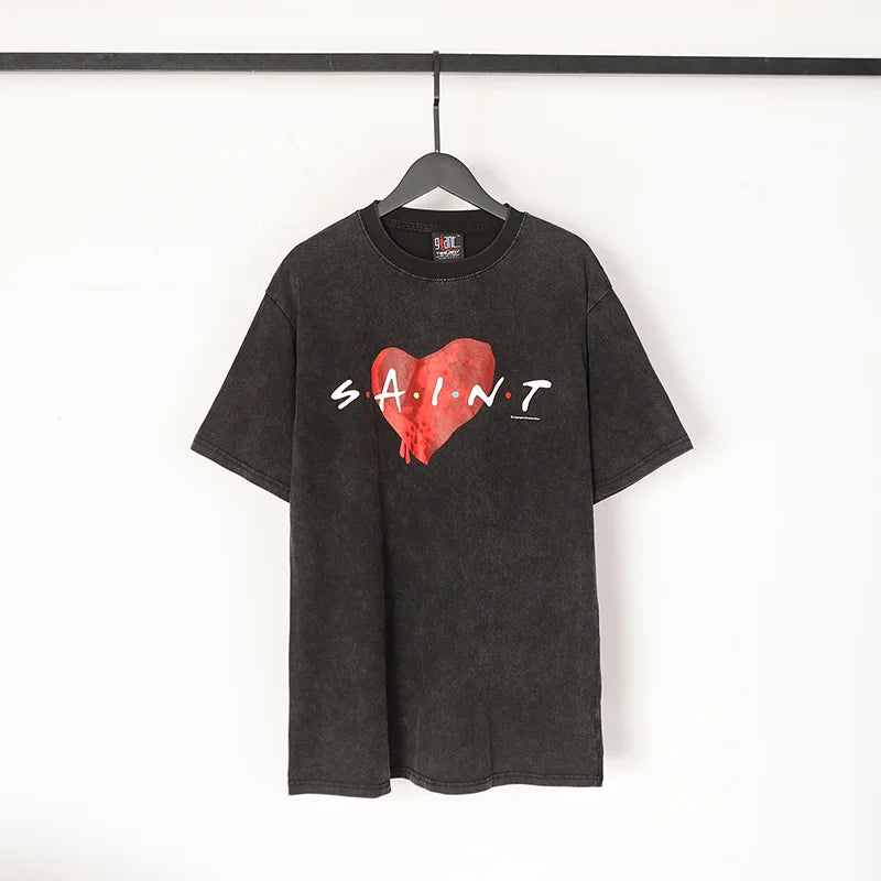 Saint T-shirt Summer Men Woman High Quality Street Hip Hop Chaopai Lovers Loose Casual O-Neck Wash Top Tees Street King Limited