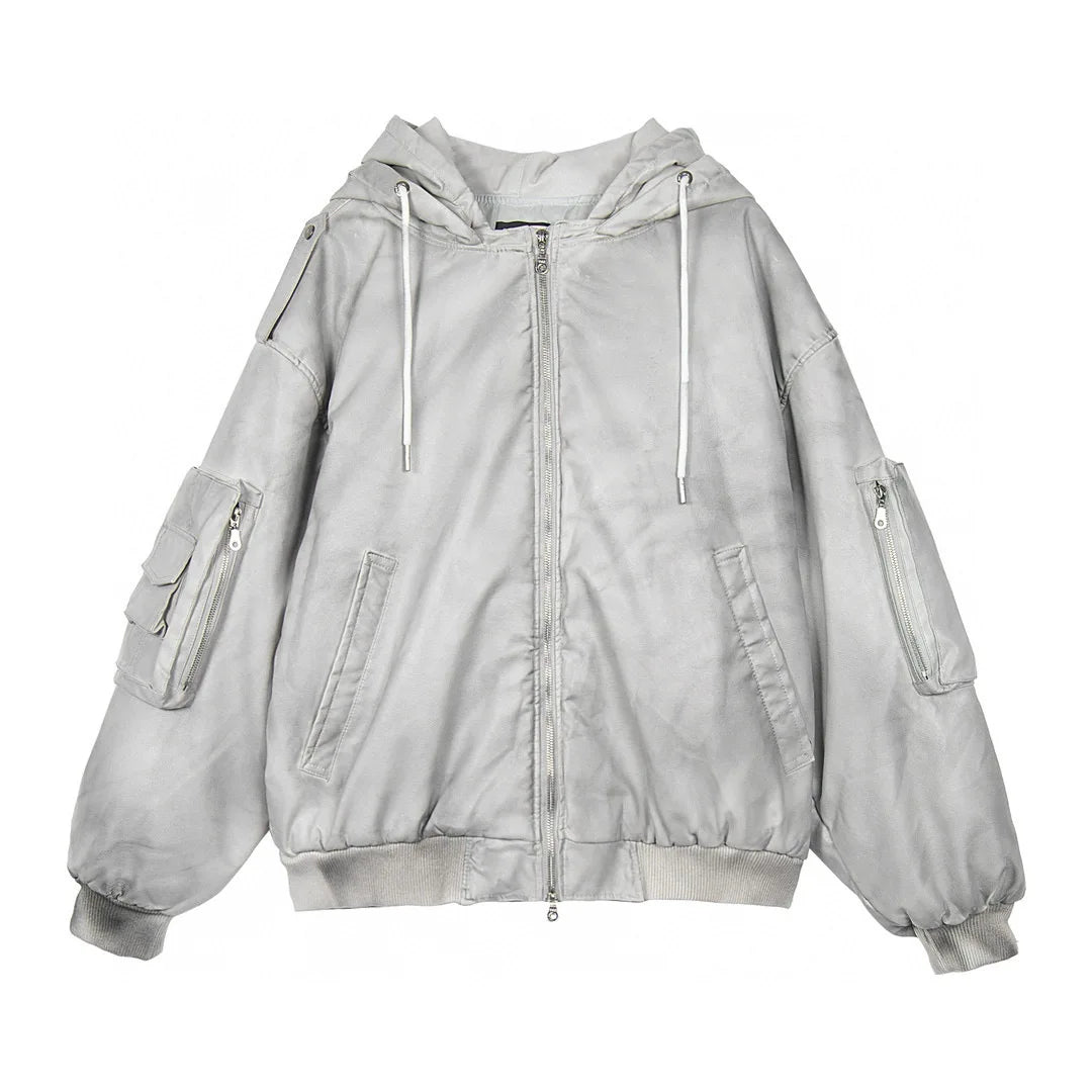 new arrival vintage heavyweight dirty grey double layer hooded leather jacket with multiple pockets zipper design cotton jacket unique default style 126