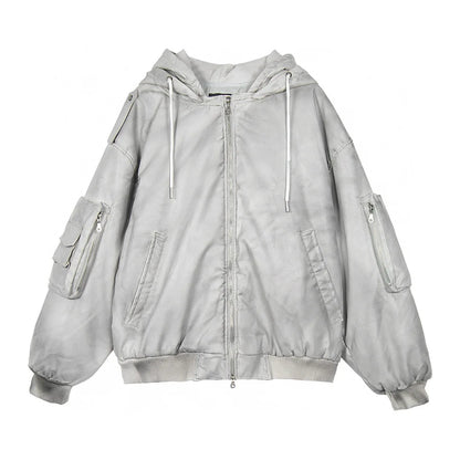 new arrival vintage heavyweight dirty grey double layer hooded leather jacket with multiple pockets zipper design cotton jacket unique default style 126