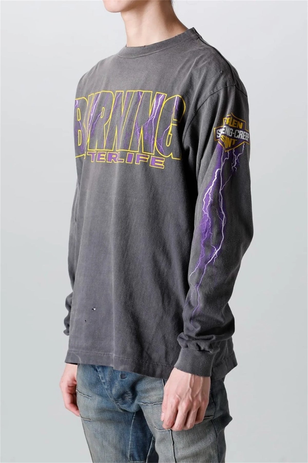 2024 Summer Retro Vintage EVILSPIRIT Thunder Print Washed Old High-Street Cotton Loose Long Sleeve T-Shirt Pullover  For Men Street King Limited