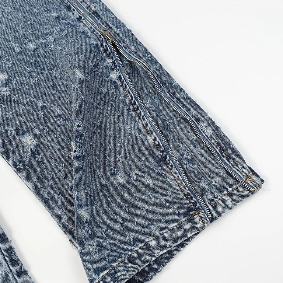 distressed ripped vintage blue baggy jeans men multi pocket cargo jeans casual loose denim pants streetwear harajuku jeans multi-pocket cargos