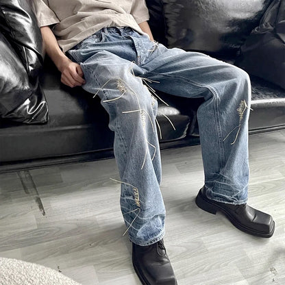 2023 new straw tassel design ripped hole loose denim trousers mens streetwear straight y2k pantalones hombre baggy jeans vintage washed jeans