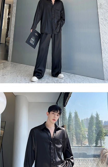 men silk style streetwear fashion loose casual long sleeve shirts pants 2 pieces sets male vintage suits blouses trousers unique default style 2741